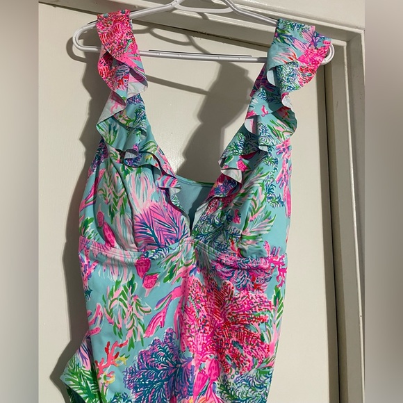 Lilly Pulitzer One-Piece Swimsuit Celestial Blue Huey Ruffle Size 16 - Picture 3 of 15